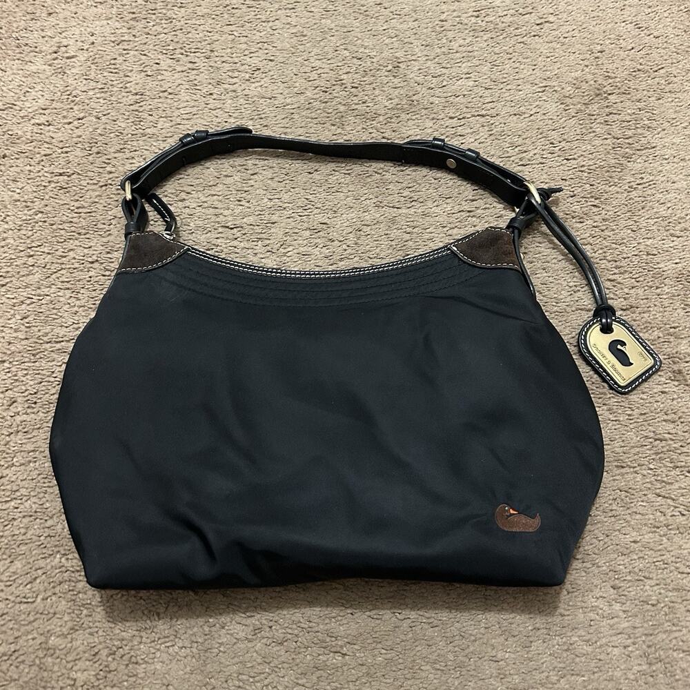 DOONEY BOURKE BLACK NYLON HOBO WITH TAN LEATHER STRAP PURSE HANDBAG BAG
